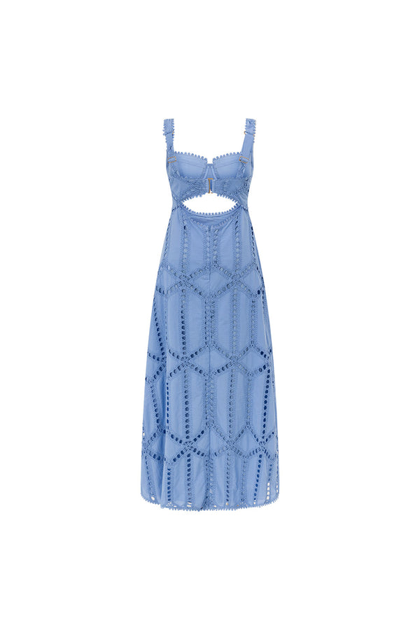 Blue Cotton Cutwork Flouncy Maxi Camilla Dress