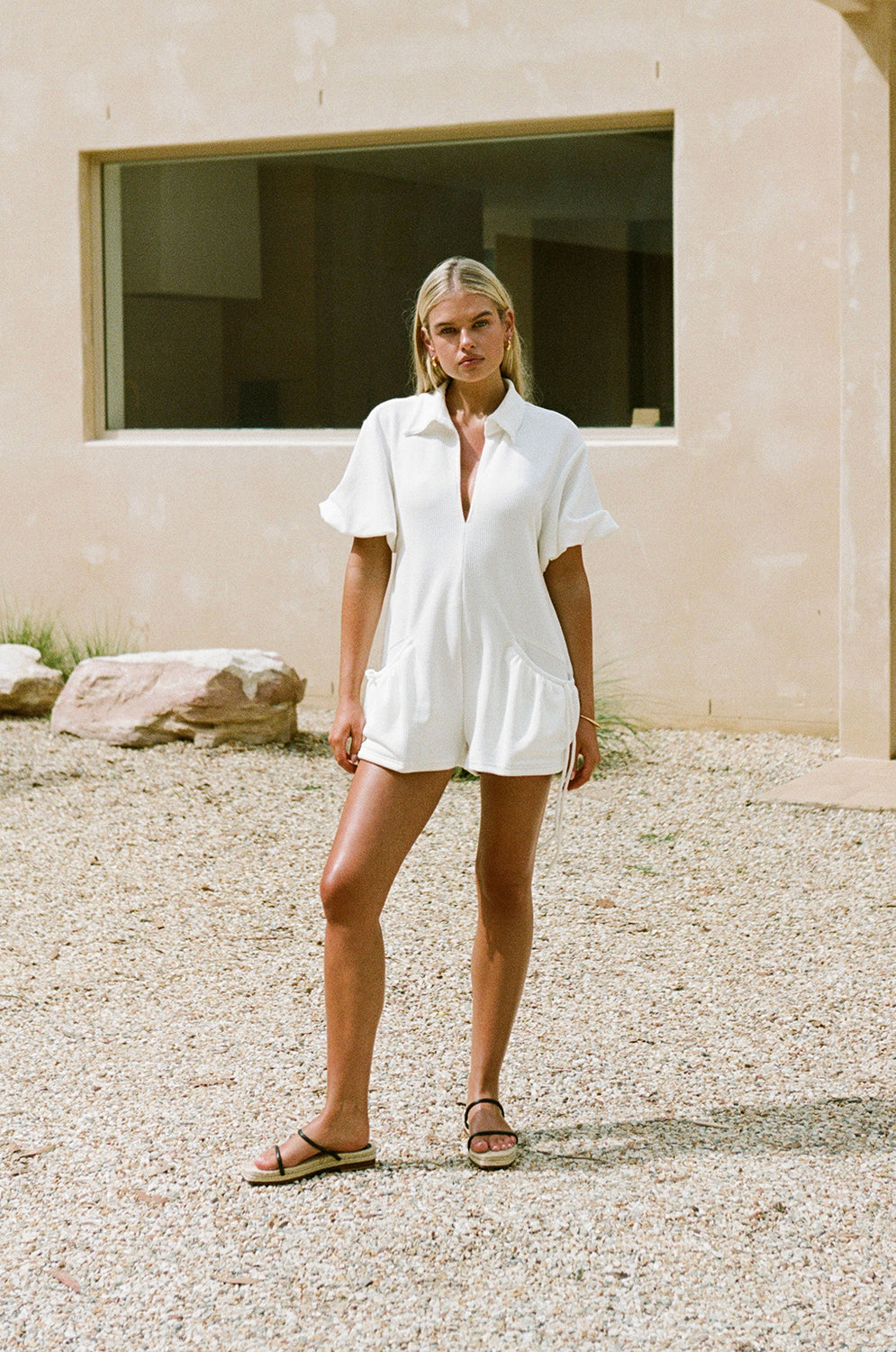 White Collar V Neck Puff Sleeve Airlie Playsuit