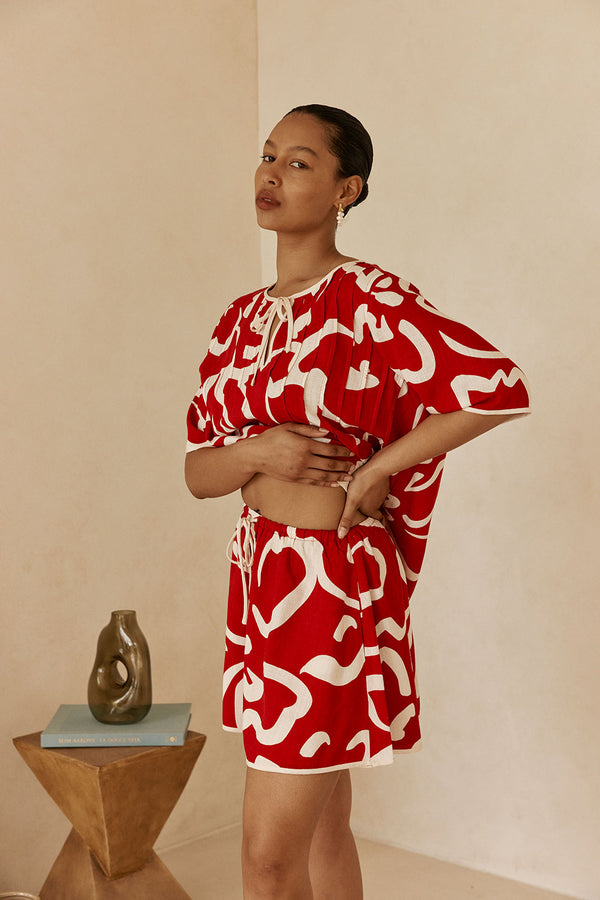 Red Fila Rouge Floral Print Drawstring Skirt