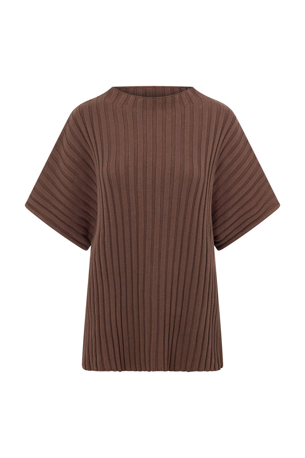 Chocolate Brown Ribbed Knit Short Sleeve Celine Top