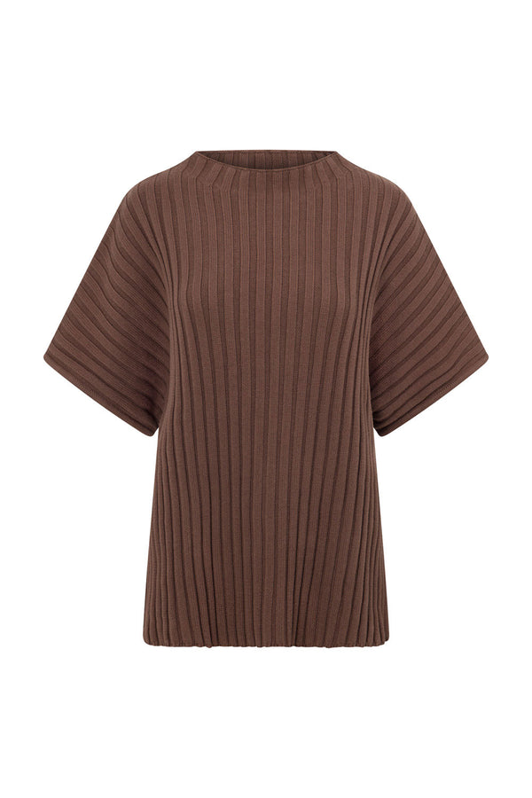 Chocolate Brown Ribbed Knit Short Sleeve Celine Top