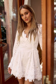 Simona Long Sleeve Embroidered Front Tie Mini Dress - Stella Marina Print - White