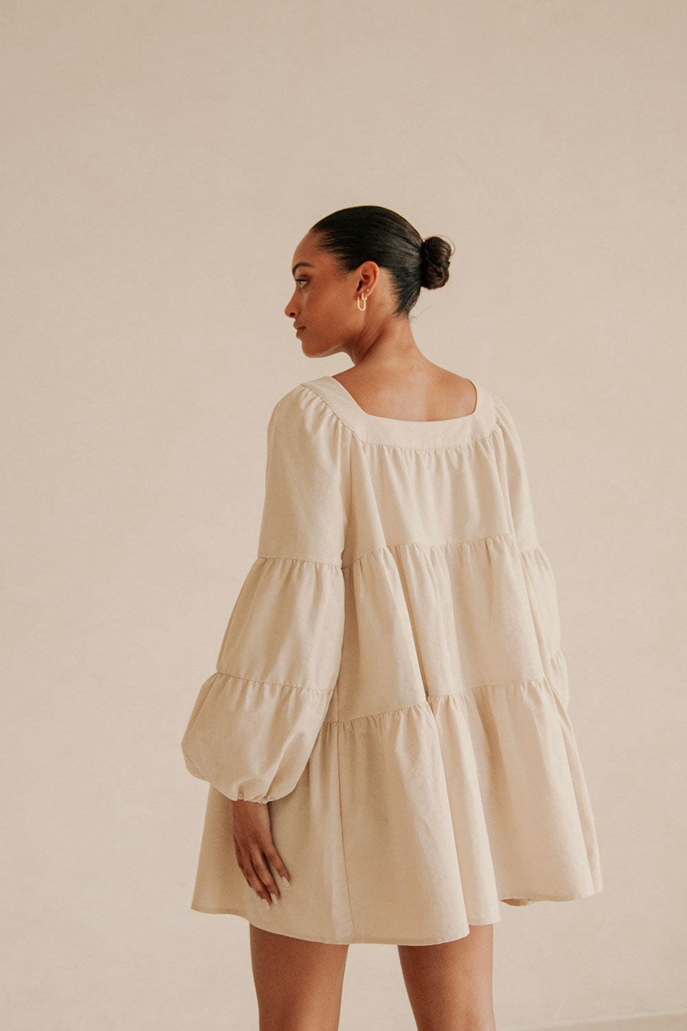 Beige Puff Sleeve Button Midi Palmer Dress