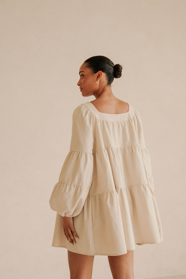 Beige Puff Sleeve Button Midi Palmer Dress