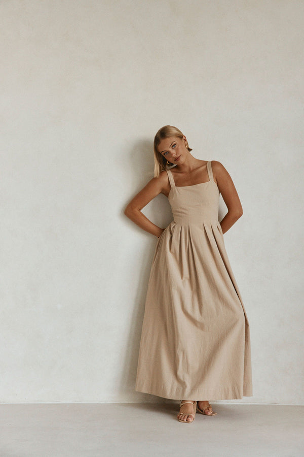 Toffee Pleated Full Maxi Flore Dress