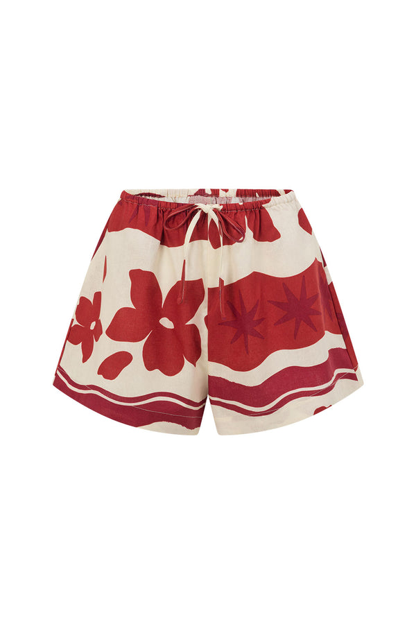 Red Sienna Sunset Print Elastic Drawstring Zuma Shorts