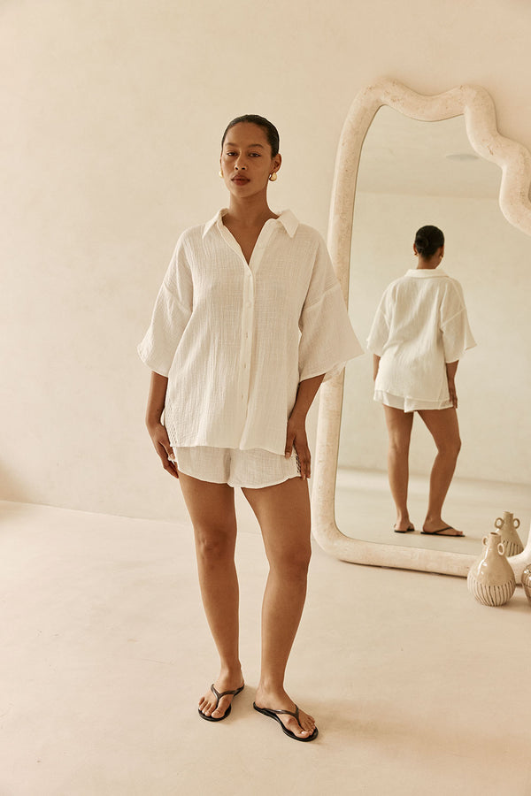 White Cotton Short Sleeve Button Up Inara Top