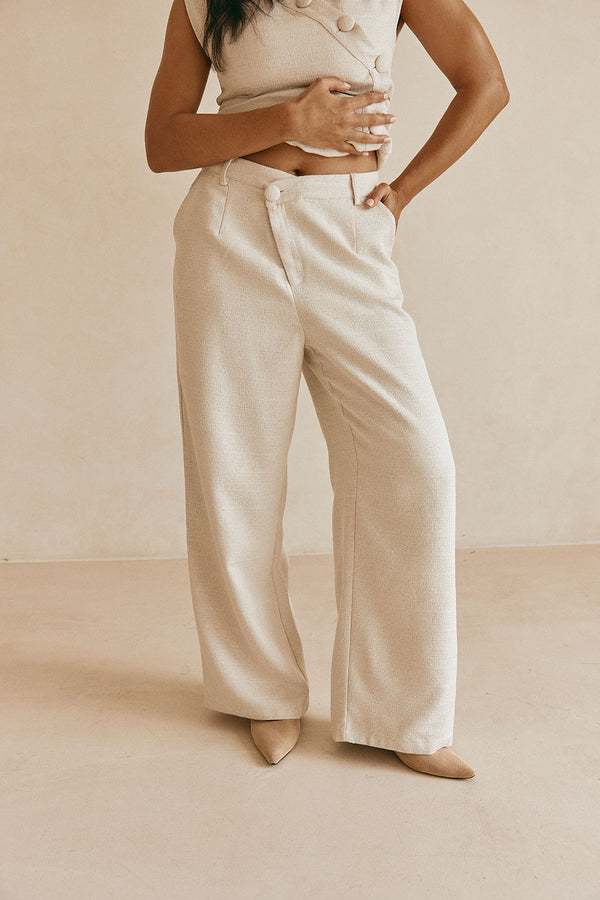 Beige Asymmetric Waist Straight Leg Azul Trouser Pants
