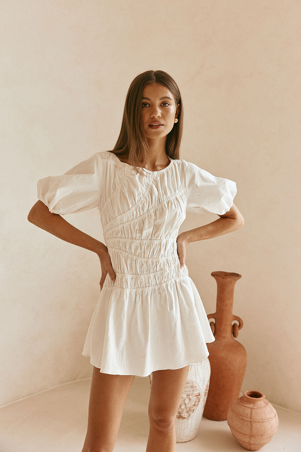 White Cotton Ruched Mini Lou Dress