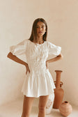 White Cotton Ruched Mini Lou Dress