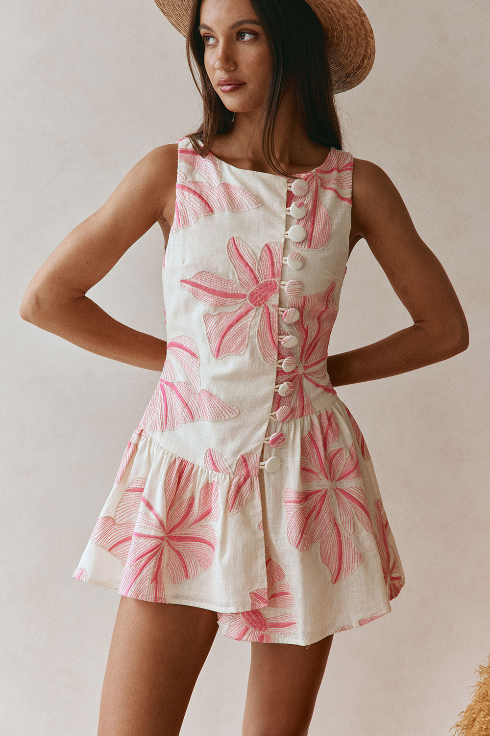 Pink Spring Floral Print Button Mini Alfresco Dress