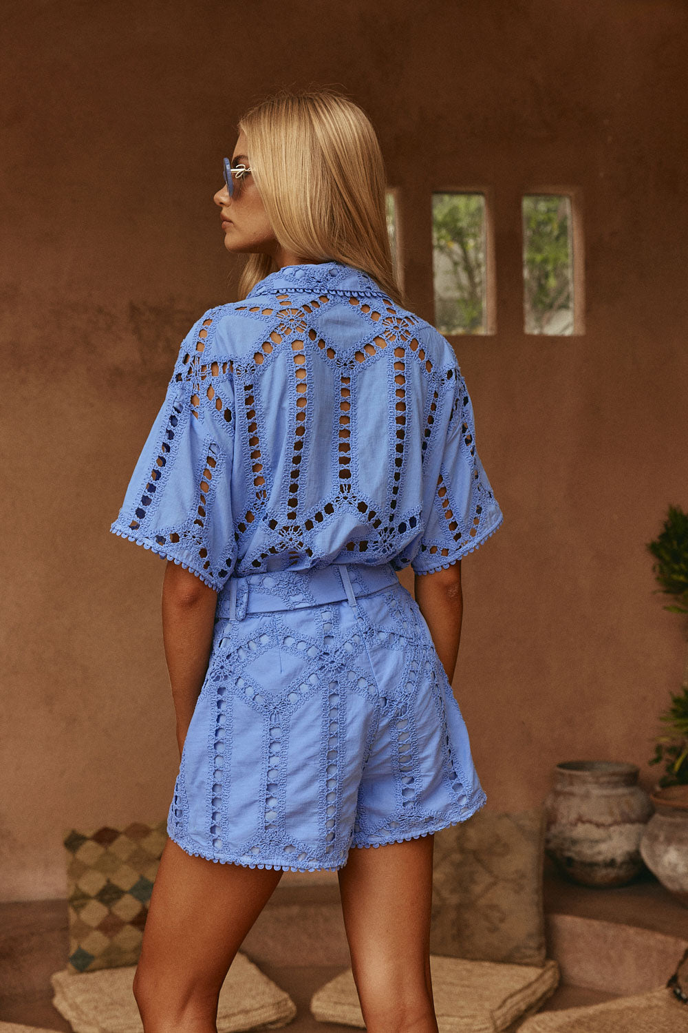 Blue Cotton Cutwork Belt Alyce Shorts