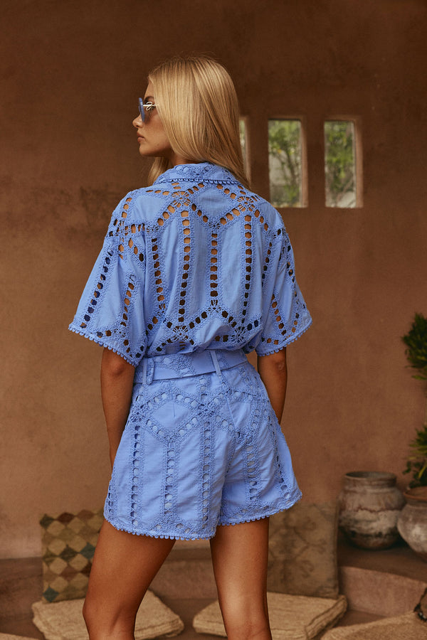 Blue Cotton Cutwork Belt Alyce Shorts