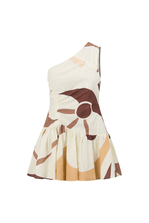 Brown Sable Floral Print One Shoulder Mini Ellira Dress
