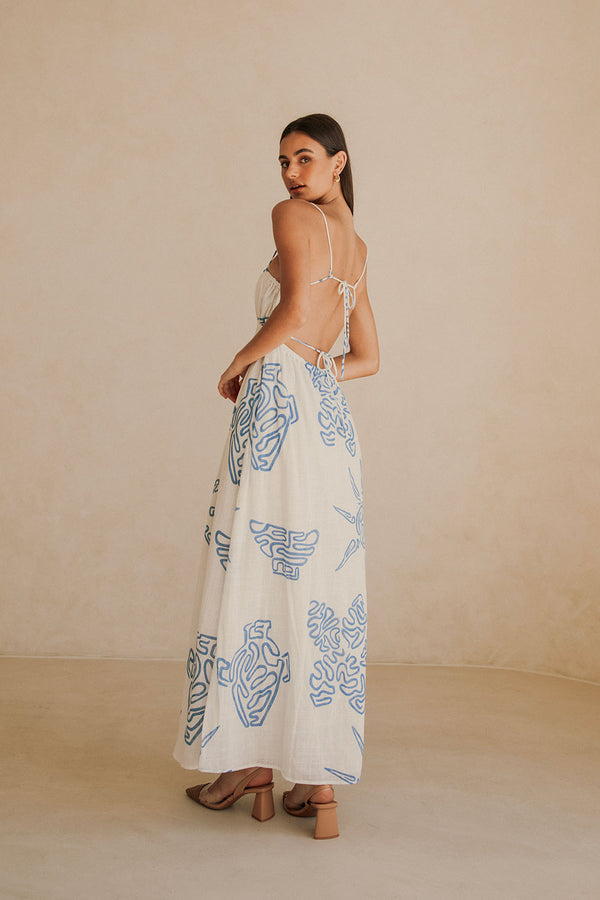 Catie Thin Strap Tropical Backless Maxi Dress - White, Blue Evoke Print