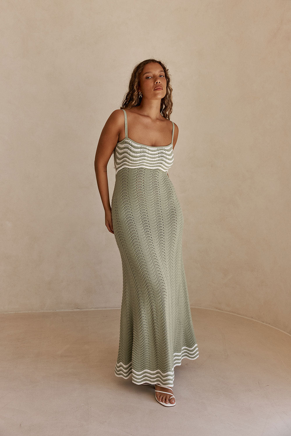 Khaki Green Wavy Knit Maxi Cielo Dress