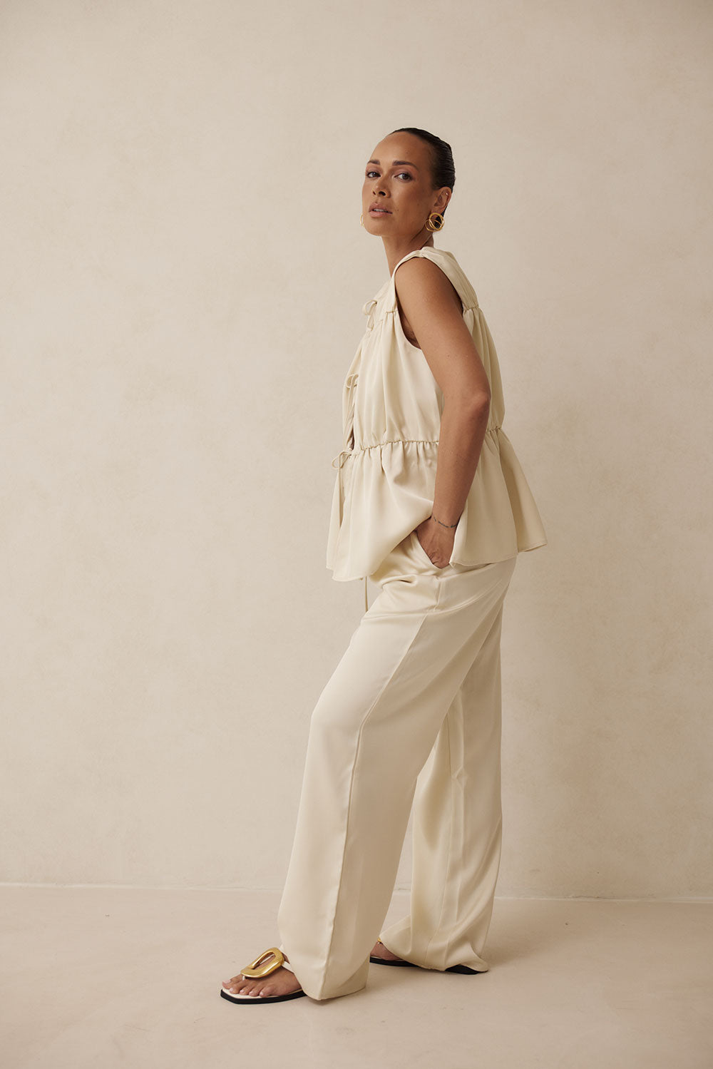 Beige Ruched Panelled Front Tie Juliette Top