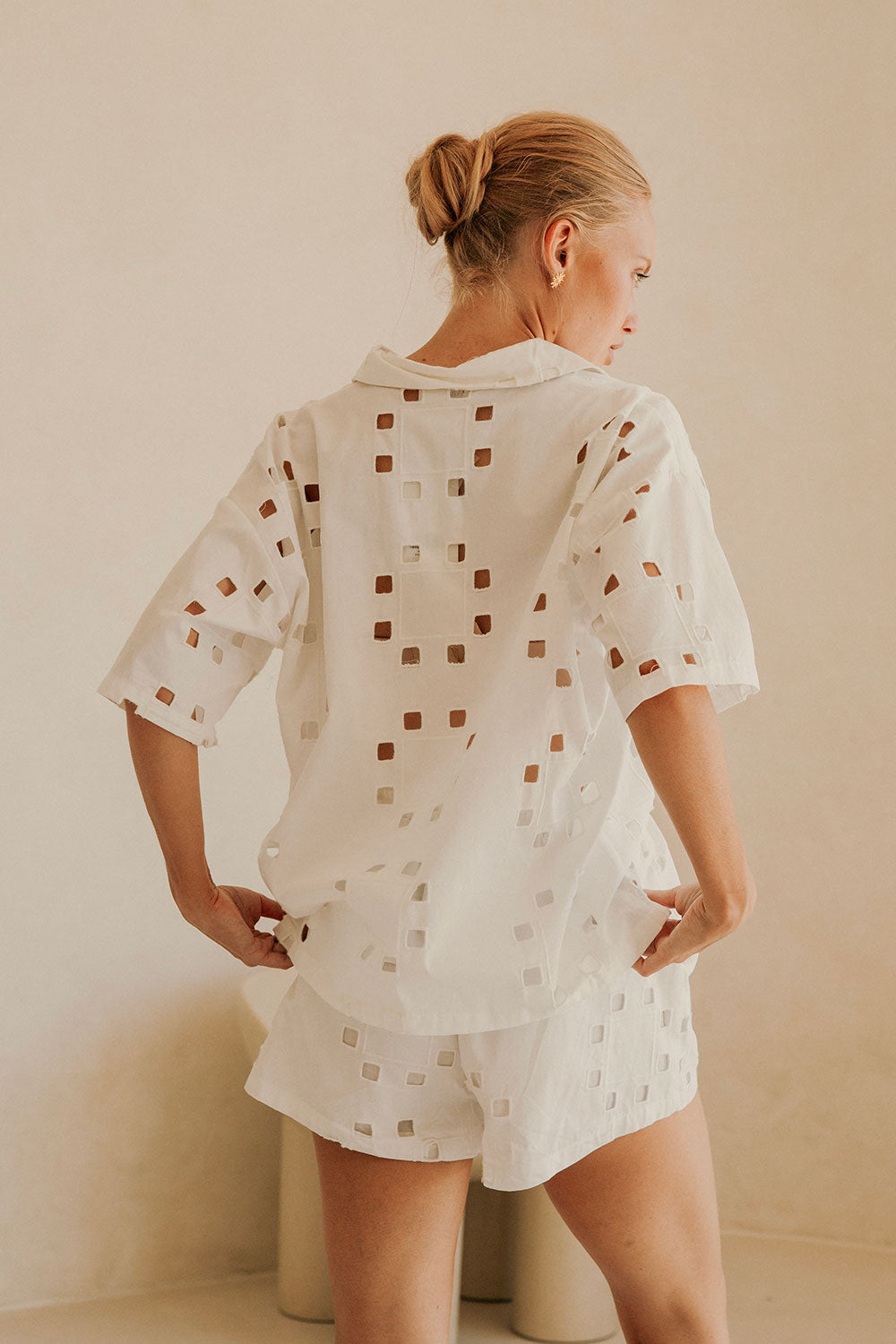 Ellakai Button Up Short Sleeve Cutout Top - Cutwork Print - White