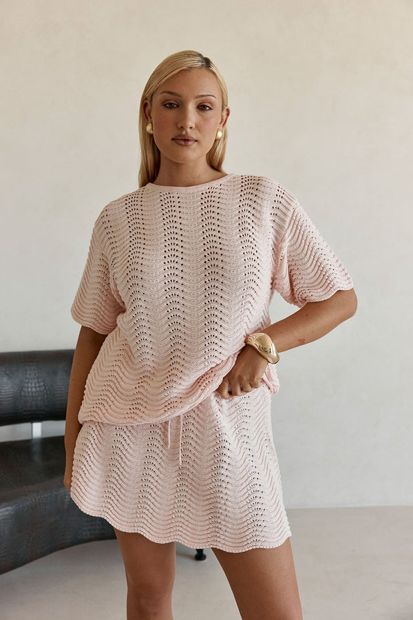 Blush Pink Wave Knit Drawstring Mini Leah Skirt