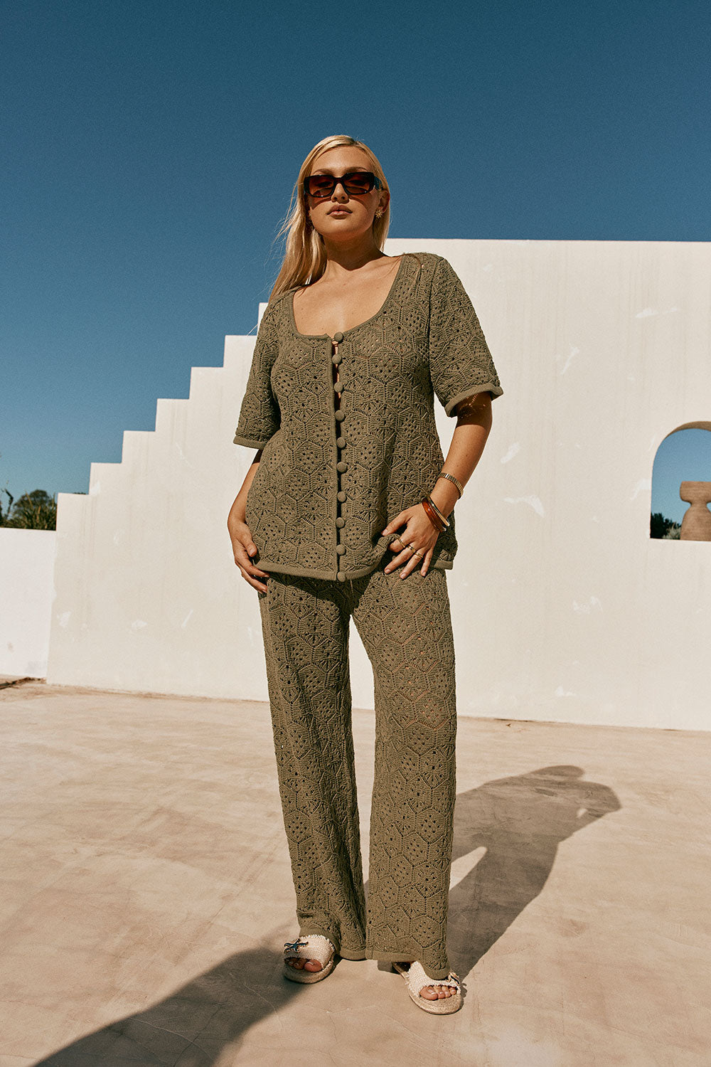 Khaki Green Crochet Knit High Waist Umiko Pants