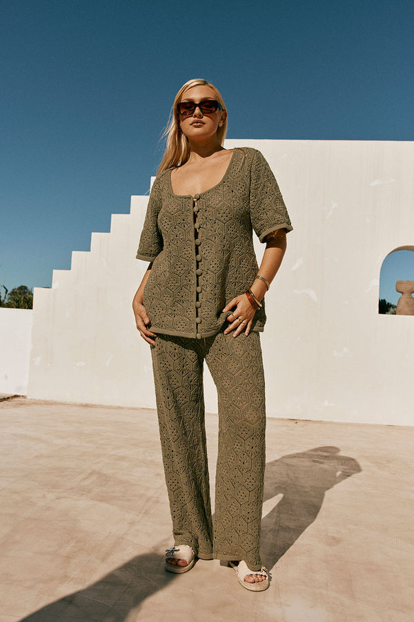 Khaki Green Crochet Knit High Waist Umiko Pants