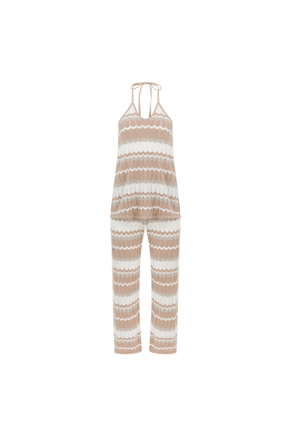 Tan and White Stripe Knit Halter Paz Jumpsuit