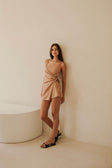 Sweeney Thin Strap Wrap Overlay Backless Mini Dress - Brown