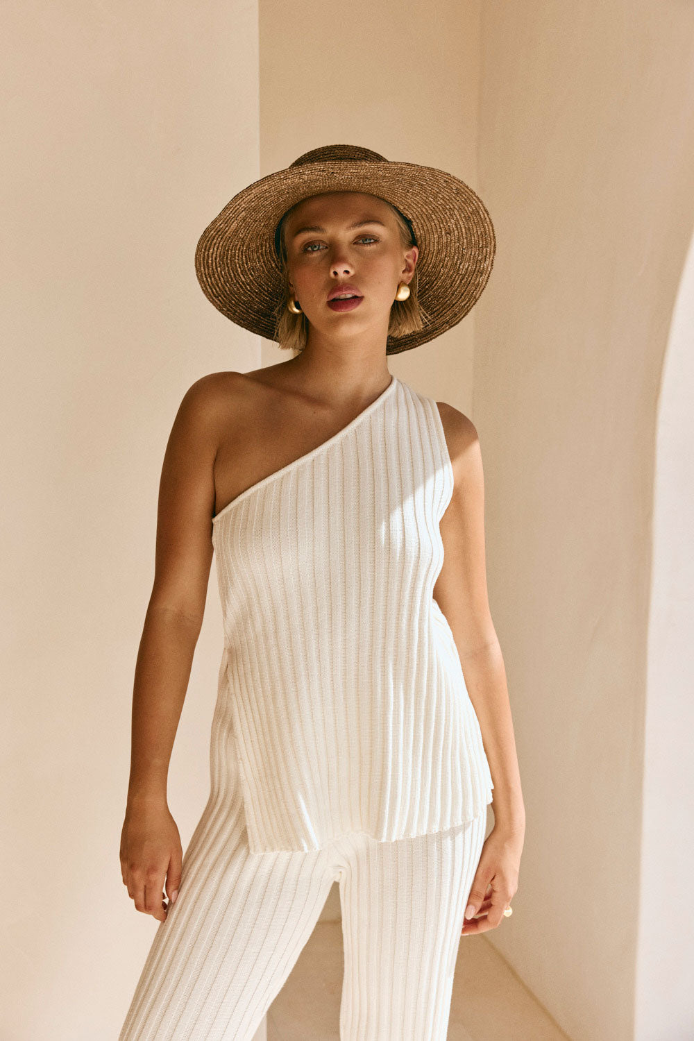 White Ribbed Knit One Shoulder Asymmetric Audri Top