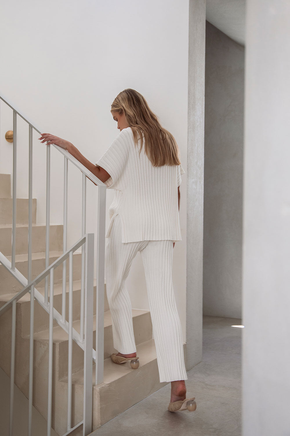 White Ribbed Knit High Waist Elastic Celine Pants