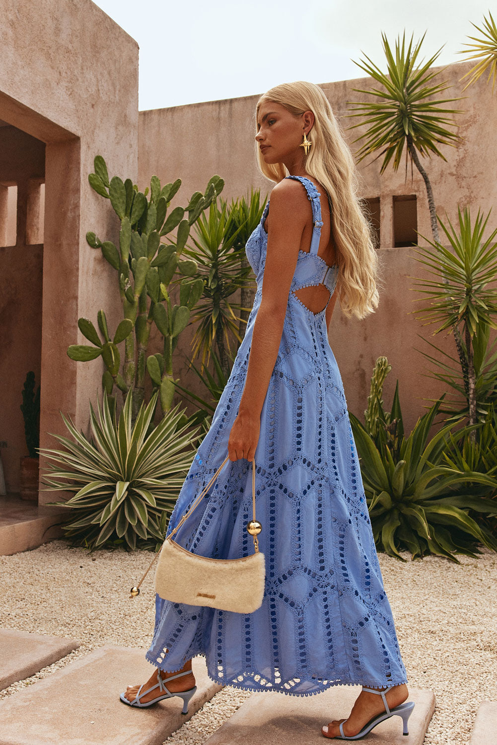 Blue Cotton Cutwork Flouncy Maxi Camilla Dress