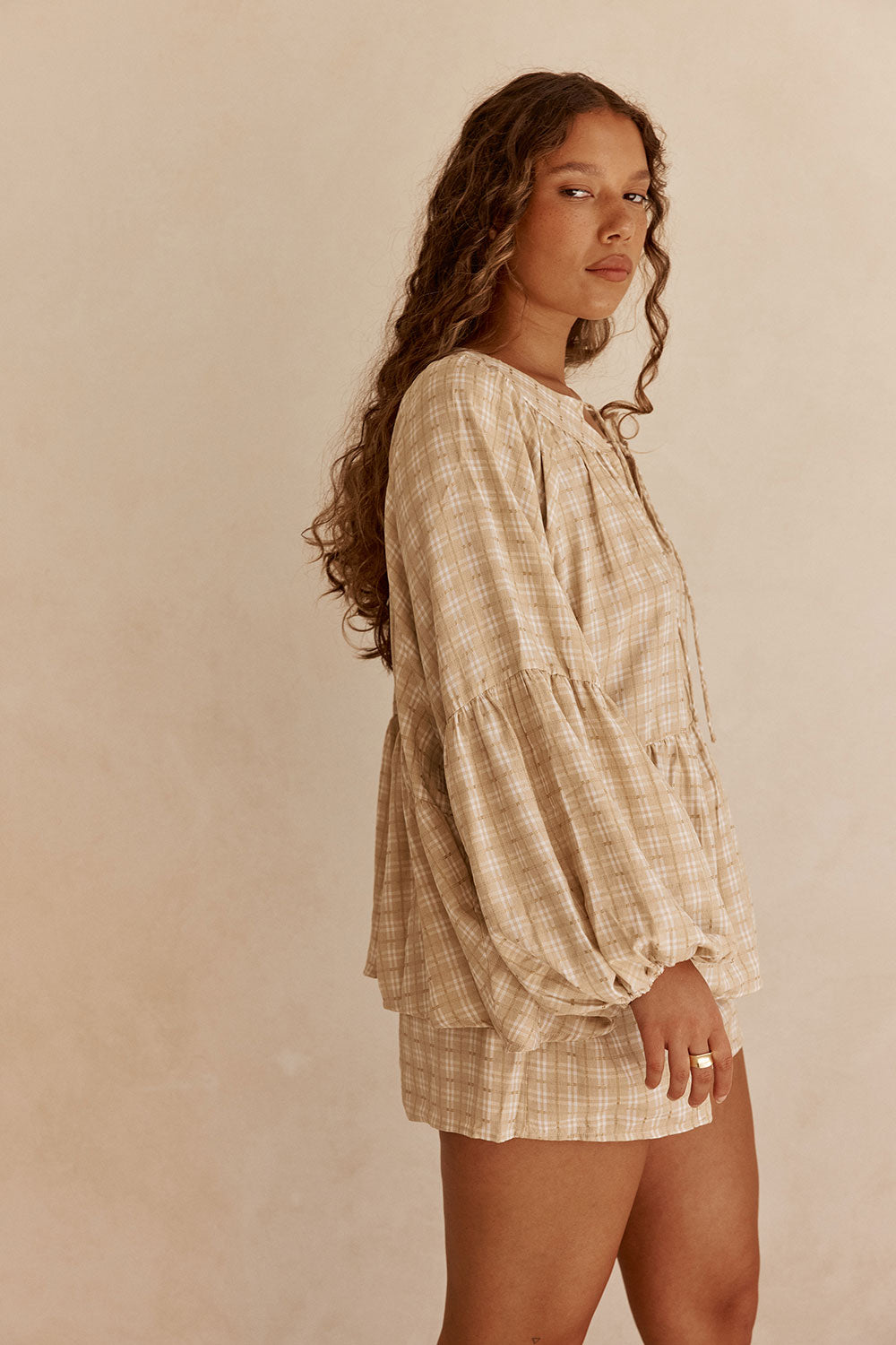 Khaki Gingham Elastic Drawstring Rylia Shorts