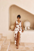 Madeira Split Wrap Maxi Dress - Brown, White Sunroom Chocolate Print