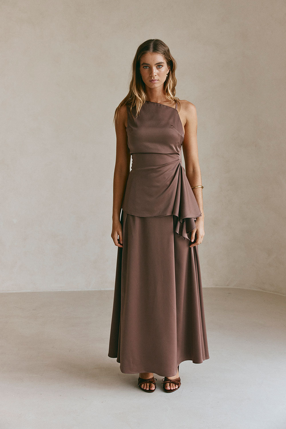 Chocolate Brown Asymmetric Ruched Backless Hailey Top