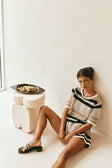Quinn Short Sleeve Stripe Knit Top - Tan, Beige , Black Stripe