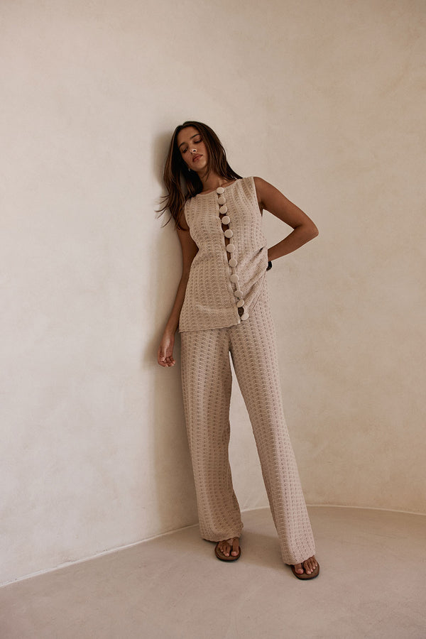 Beige Cotton Knit High Waist Lilah Pants