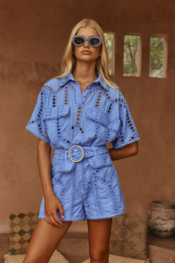 Blue Cotton Cutwork Belt Alyce Shorts