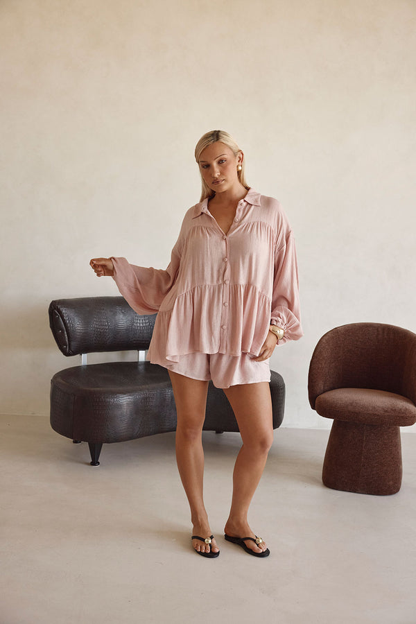 Blush Pink Long Sleeve Button Up Panel Huxley Top