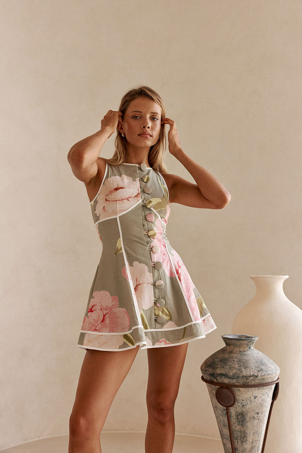 Fiori Green Floral Print Button Mini Amora Dress
