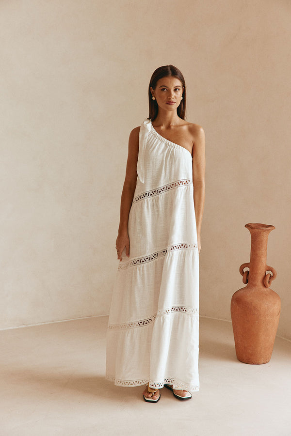 White Cotton One Shoulder Flouncy Maxi Juliette Dress