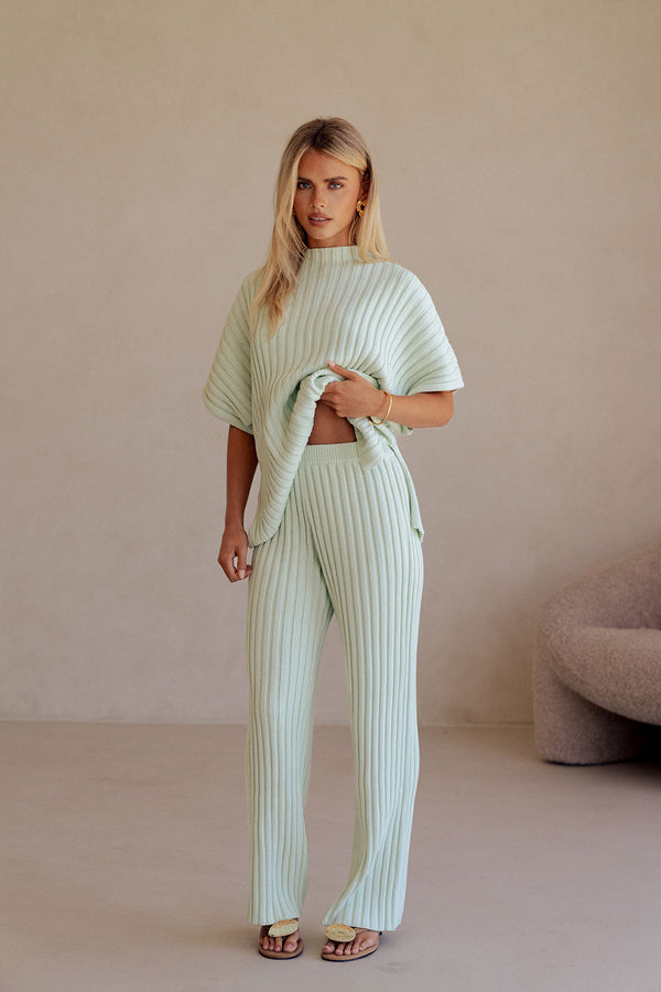 Mint Green Ribbed Knit Celine Pants