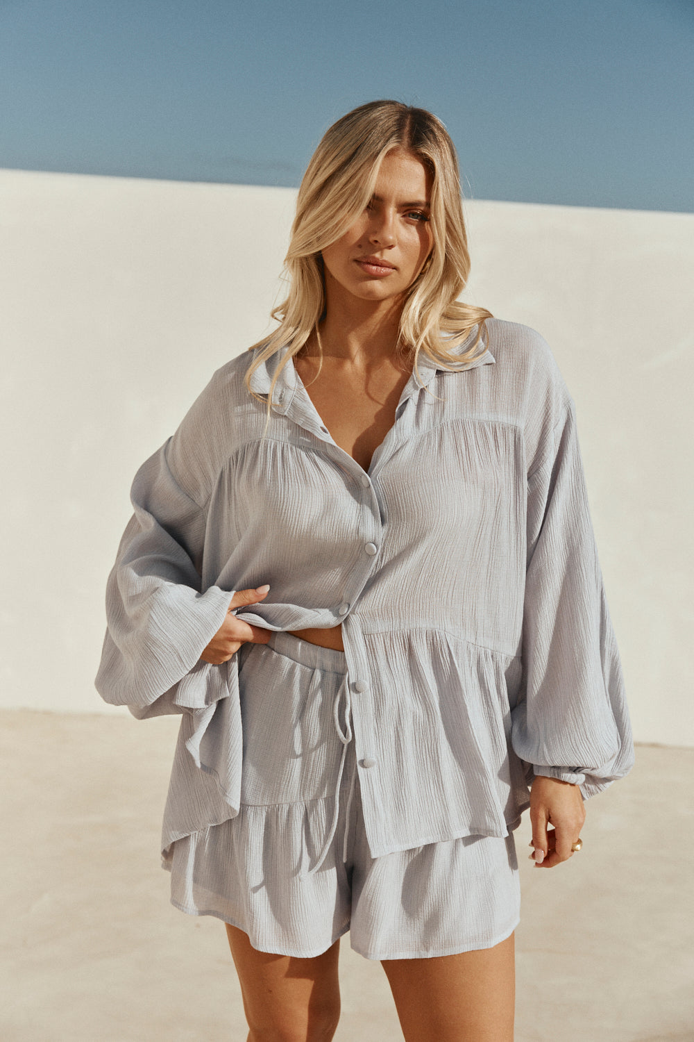 Baby Blue Elastic Drawstring Huxley Shorts