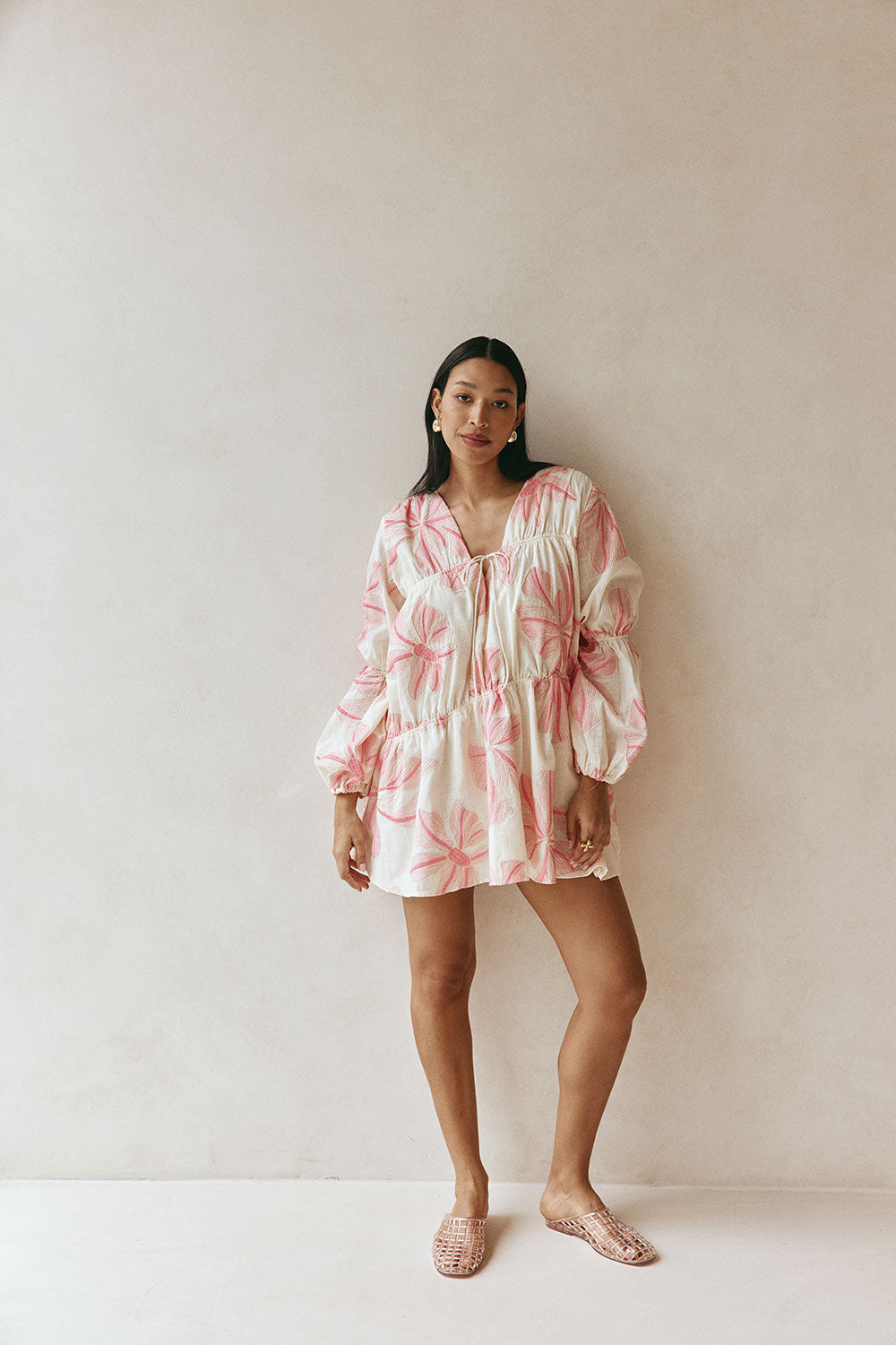 Pink Spring Floral Print Boxy Gathered Mini Naloo Dress