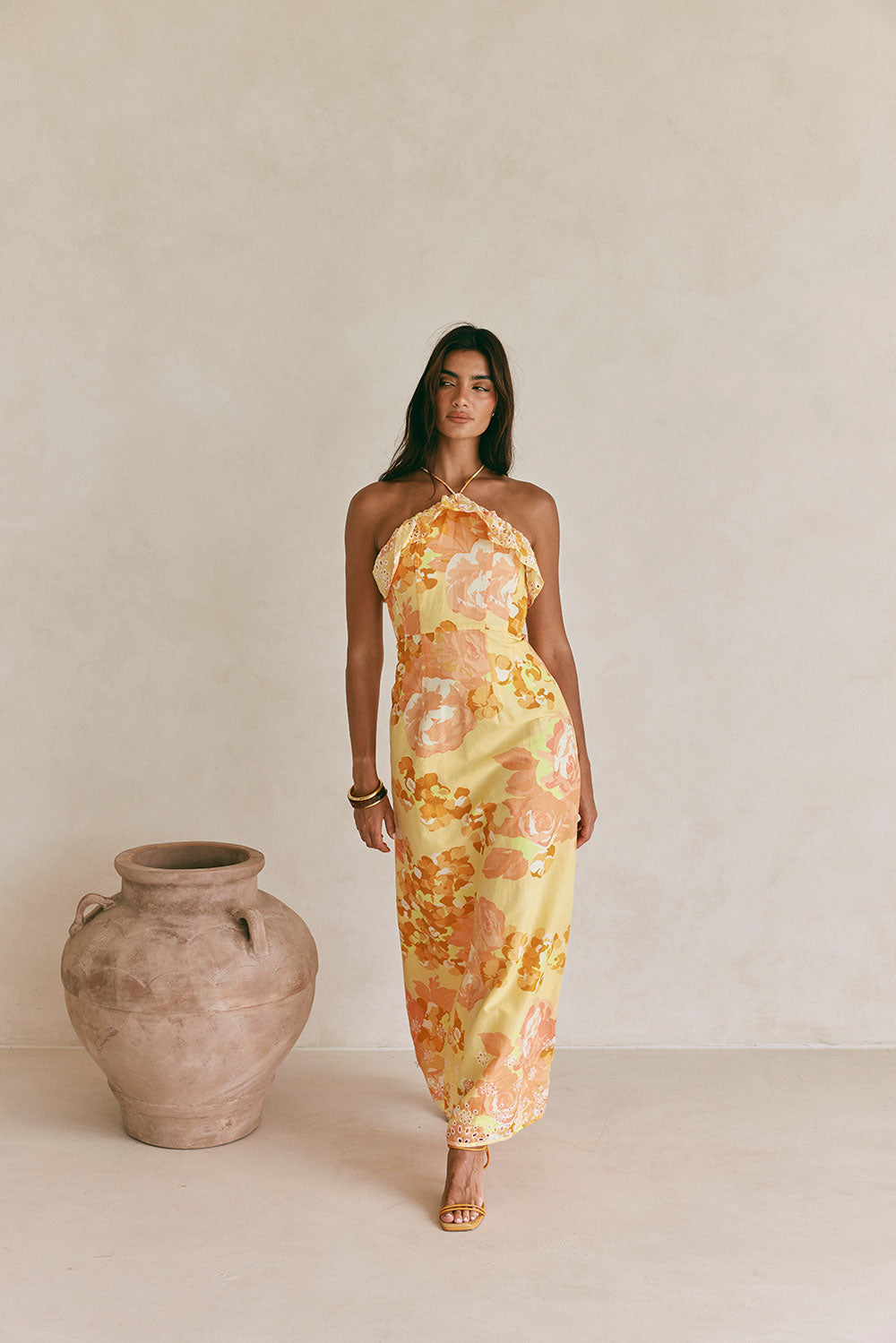 Alexa Backless Halterneck Maxi Dress - Orange, Yellow, White Breeze Floral Print, Tropical