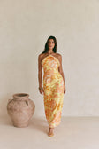 Alexa Backless Halterneck Maxi Dress - Orange, Yellow, White Breeze Floral Print, Tropical