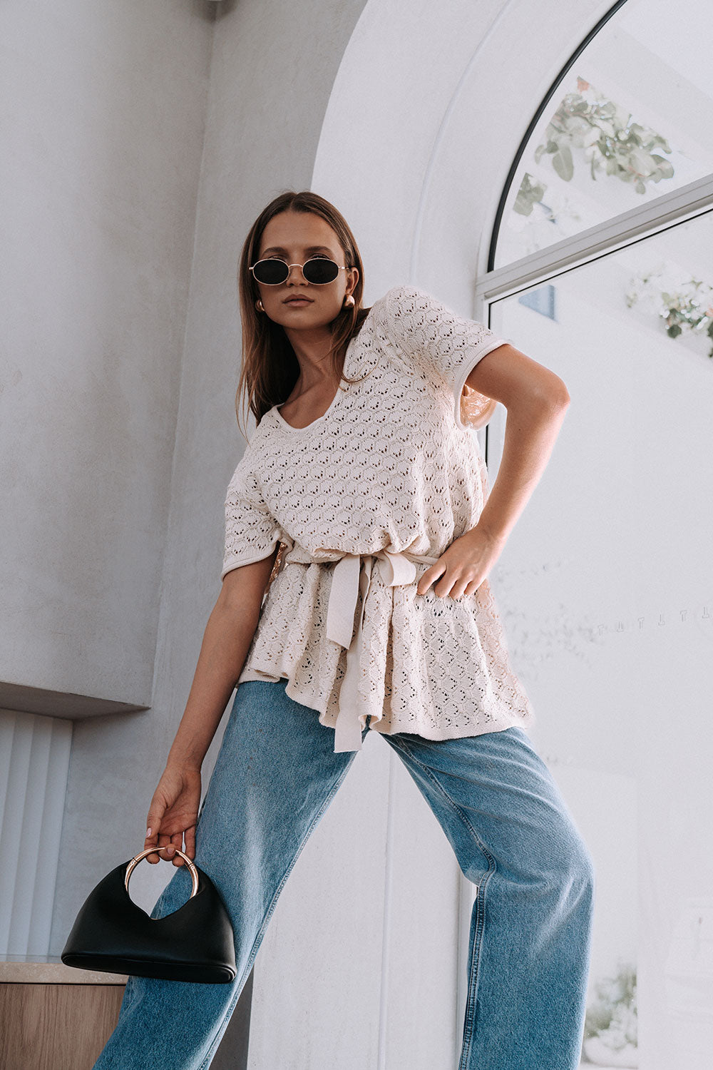Cream Pointelle Knit Waist Tie Mini Demi Dress