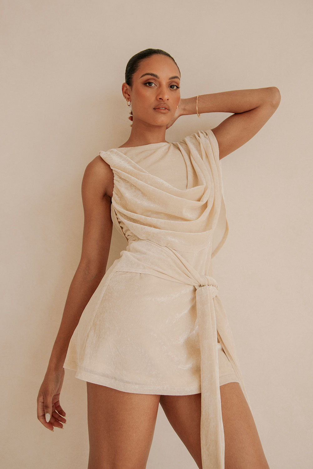 Beige Suede Plunge V Neck Tie Mini June Dress