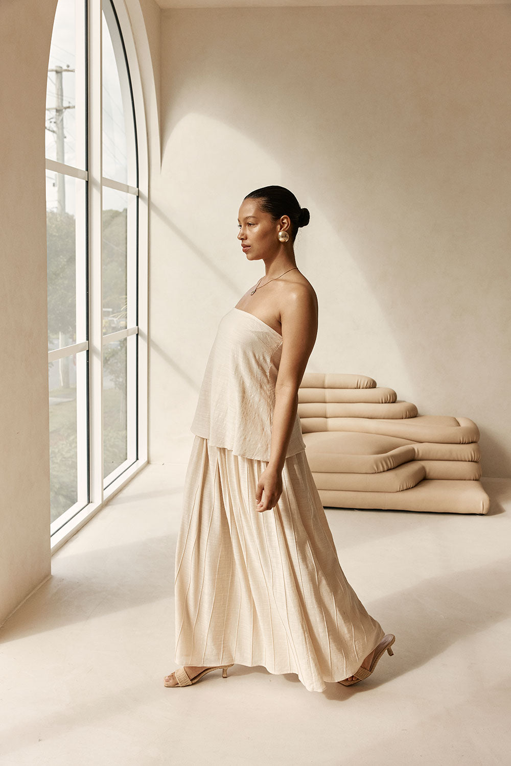 Beige Boxy Pleated Maxi Aviana Dress