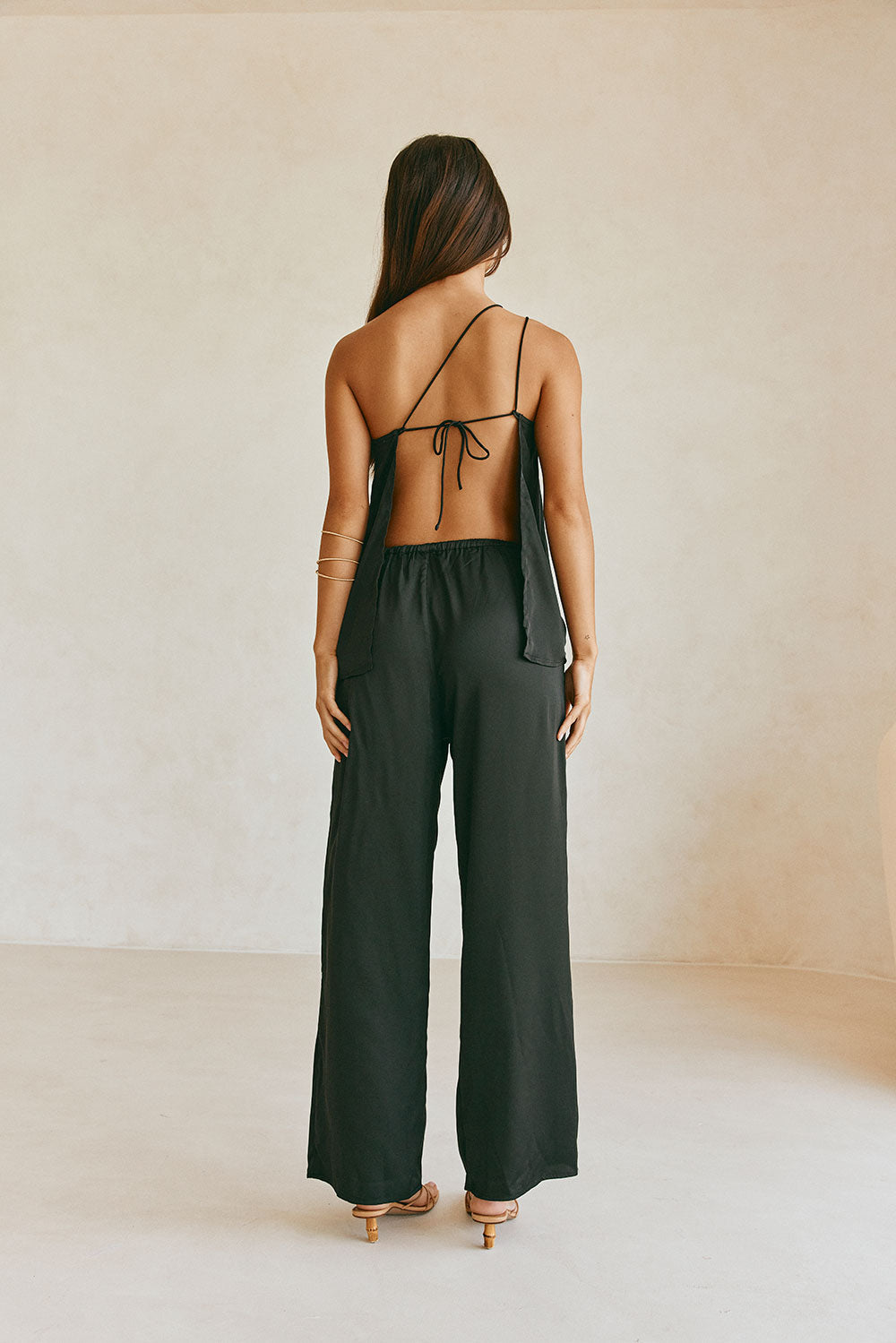 Adeline Silk One Shoulder Backless Top - Black