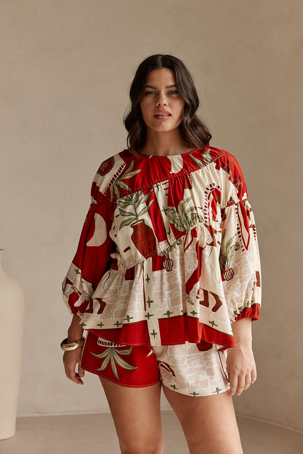 Red Palma Vista Print Elastic Drawstring Belinda Shorts