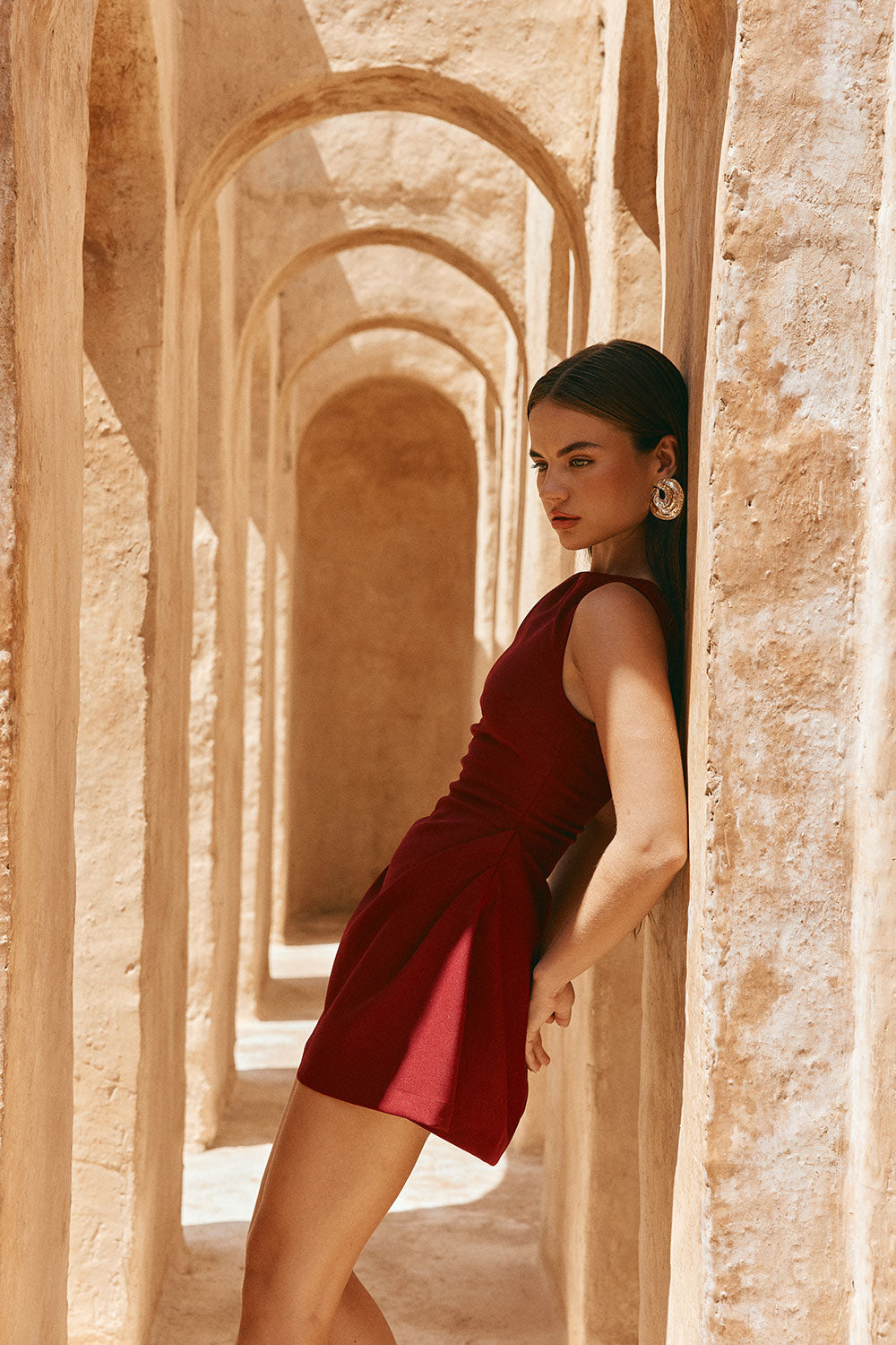 Burgundy Red Flared Mini Camellia Dress